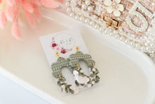 Load image into Gallery viewer, Bohemian_Floral_Dangle_Earrings_green_handmade_front_side_view