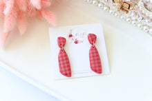 Load image into Gallery viewer, Checkered_Necktie_Dangle_Earrings_red_handmade_front_view