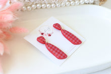 Load image into Gallery viewer, Checkered_Necktie_Dangle_Earrings_red_handmade_side_view