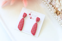 Load image into Gallery viewer, Checkered_Necktie_Dangle_Earrings_red_handmade_zoom_view