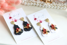 Load image into Gallery viewer, Pumpkin Floral Polymer Clay Earrings – Handmade Autumn Halloween Earrings | Fall Floral Jewelry | KeandKi Designs ( Tri color Red teraccotta beige Floral )