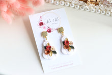 Load image into Gallery viewer, Pumpkin Floral Polymer Clay Earrings – Handmade Autumn Halloween Earrings | Fall Floral Jewelry | KeandKi Designs ( Tri color Red teraccotta beige Floral )