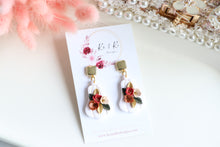 Load image into Gallery viewer, Pumpkin Floral Polymer Clay Earrings – Handmade Autumn Halloween Earrings | Fall Floral Jewelry | KeandKi Designs ( Tri color Red teraccotta beige Floral )