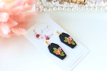 Load image into Gallery viewer, Coffin Floral Polymer Clay Earrings – Gothic Floral Halloween Earrings | Handmade Statement Jewelry | KeandKi Designs ( Pink Orange color)