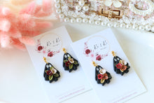 Load image into Gallery viewer, Floral Ghost Polymer Clay Earrings – Spooky Cute Halloween Earrings | Handmade Feminine Ghost Jewelry | KeandKi Designs ( Black ghost Red Beige ) (Copy)