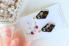 Load image into Gallery viewer, Floral Ghost Polymer Clay Earrings – Spooky Cute Halloween Earrings | Handmade Feminine Ghost Jewelry | KeandKi Designs ( Black tipped ghost Red Beige )