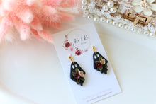 Load image into Gallery viewer, Floral Ghost Polymer Clay Earrings – Spooky Cute Halloween Earrings | Handmade Feminine Ghost Jewelry | KeandKi Designs ( Black tipped ghost Red Beige )