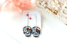 Load image into Gallery viewer, Embossed Skull Floral Dangle Polymer Clay Earrings – Handmade Gothic Floral Earrings | Spooky Elegant Halloween Jewelry | KeandKi Designs