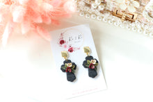 Load image into Gallery viewer, Cross Floral Polymer Clay Earrings – Handmade Floral Statement Earrings | Christian Jewelry | KeandKi Designs ( Black Florals )