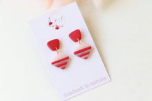 Load image into Gallery viewer, Red_and_white striped_dangle_earrings_handmade_front_zoom_view