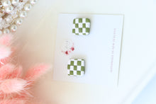 Load image into Gallery viewer, checkered_square_dangle_earrings_handmade_green_right_ side_view