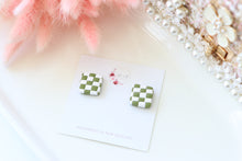 Load image into Gallery viewer, checkered_square_dangle_earrings_handmade_green_side_view