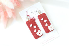 Load image into Gallery viewer, flower_heart_rectangular_dangle_handmade_earrings_front_view