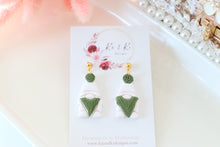 Load image into Gallery viewer, green_and_white_dangle_drop_earrings_handmade_top_view