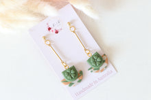 Load image into Gallery viewer, green_flower_cup_dangle_earrings_front_view