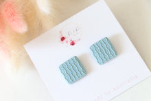 Load image into Gallery viewer, light_blue_square_stud_handmade_earrings_near_view