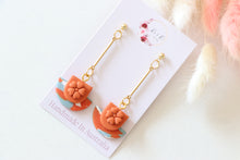 Load image into Gallery viewer, orange_flower_cup_dangle_handmade_earrings_front_side_view