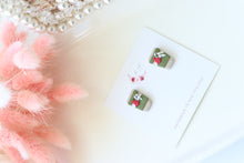 Load image into Gallery viewer, Candy_Cane_Christmas_Cup_Dangle_Earrings_green_handmade_side_view
