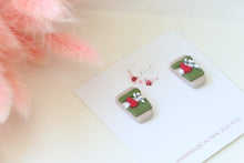 Load image into Gallery viewer, Candy_Cane_Christmas_Cup_Dangle_Earrings_green_handmade_single_view
