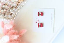 Load image into Gallery viewer, Candy_Cane_Christmas_Cup_Dangle_Earrings_red_handmade_right_side_view
