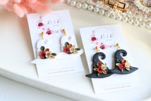 Load image into Gallery viewer, Witch Hat Polymer Clay Earrings – Handmade Halloween Earrings | Spooky Cute Statement Jewelry | KeandKi Designs (White Flower)
