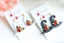 Load image into Gallery viewer, Witch Hat Polymer Clay Earrings – Handmade Halloween Earrings | Spooky Cute Statement Jewelry | KeandKi Designs (Black Flower)
