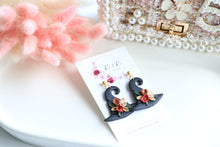 Load image into Gallery viewer, Witch Hat Polymer Clay Earrings – Handmade Halloween Earrings | Spooky Cute Statement Jewelry | KeandKi Designs (White Flower)
