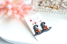 Load image into Gallery viewer, Witch Hat Polymer Clay Earrings – Handmade Halloween Earrings | Spooky Cute Statement Jewelry | KeandKi Designs (Black Flower)
