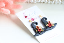 Load image into Gallery viewer, Witch Hat Polymer Clay Earrings – Handmade Halloween Earrings | Spooky Cute Statement Jewelry | KeandKi Designs (White Flower)
