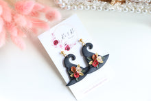 Load image into Gallery viewer, Witch Hat Polymer Clay Earrings – Handmade Halloween Earrings | Spooky Cute Statement Jewelry | KeandKi Designs (White Flower)

