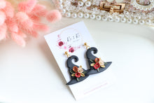 Load image into Gallery viewer, Witch Hat Polymer Clay Earrings – Handmade Halloween Earrings | Spooky Cute Statement Jewelry | KeandKi Designs (White Flower)
