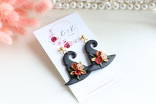Load image into Gallery viewer, Witch Hat Polymer Clay Earrings – Handmade Halloween Earrings | Spooky Cute Statement Jewelry | KeandKi Designs (Black Flower)

