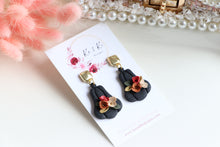 Load image into Gallery viewer, Pumpkin Floral Polymer Clay Earrings – Handmade Autumn Halloween Earrings | Fall Floral Jewelry | KeandKi Designs ( Tri color Black Red teracotta and beige Floral )
