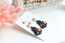 Load image into Gallery viewer, Pumpkin Floral Polymer Clay Earrings – Handmade Autumn Halloween Earrings | Fall Floral Jewelry | KeandKi Designs ( Tri color Black Red teracotta and beige Floral )
