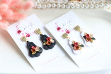 Load image into Gallery viewer, Pumpkin Floral Polymer Clay Earrings – Handmade Autumn Halloween Earrings | Fall Floral Jewelry | KeandKi Designs ( Tri color Black Red teracotta and beige Floral )
