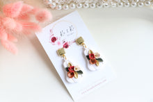 Load image into Gallery viewer, Pumpkin Floral Polymer Clay Earrings – Handmade Autumn Halloween Earrings | Fall Floral Jewelry | KeandKi Designs ( Tri color Red teraccotta beige  Floral )
