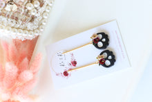 Load image into Gallery viewer, Floral Tiny Skull Polymer Clay Earrings – Mini Gothic Floral Earrings | Handmade Spooky Cute Jewelry | KeandKi Designs (Black)
