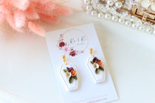 Load image into Gallery viewer, Coffin Floral Polymer Clay Earrings – Gothic Floral Halloween Earrings | Handmade Statement Jewelry | KeandKi Designs ( Tri color)
