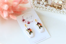 Load image into Gallery viewer, Coffin Floral Polymer Clay Earrings – Gothic Floral Halloween Earrings | Handmade Statement Jewelry | KeandKi Designs ( Tri color)

