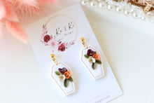 Load image into Gallery viewer, Coffin Floral Polymer Clay Earrings – Gothic Floral Halloween Earrings | Handmade Statement Jewelry | KeandKi Designs ( Tri color)
