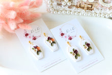 Load image into Gallery viewer, Coffin Floral Polymer Clay Earrings – Gothic Floral Halloween Earrings | Handmade Statement Jewelry | KeandKi Designs ( Pink Orange color)
