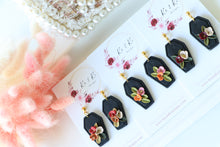 Load image into Gallery viewer, Coffin Floral Polymer Clay Earrings – Gothic Floral Halloween Earrings | Handmade Statement Jewelry | KeandKi Designs ( Tri color)
