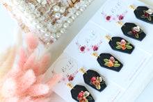 Load image into Gallery viewer, Coffin Floral Polymer Clay Earrings – Gothic Floral Halloween Earrings | Handmade Statement Jewelry | KeandKi Designs ( red beige color)
