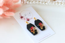 Load image into Gallery viewer, Coffin Floral Polymer Clay Earrings – Gothic Floral Halloween Earrings | Handmade Statement Jewelry | KeandKi Designs ( Red Terracotta Beige color)
