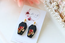 Load image into Gallery viewer, Coffin Floral Polymer Clay Earrings – Gothic Floral Halloween Earrings | Handmade Statement Jewelry | KeandKi Designs ( Red Terracotta Beige color)
