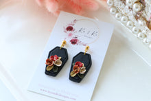 Load image into Gallery viewer, Coffin Floral Polymer Clay Earrings – Gothic Floral Halloween Earrings | Handmade Statement Jewelry | KeandKi Designs ( Red Terracotta Beige color)
