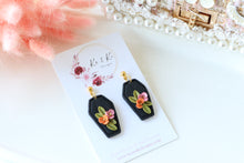 Load image into Gallery viewer, Coffin Floral Polymer Clay Earrings – Gothic Floral Halloween Earrings | Handmade Statement Jewelry | KeandKi Designs ( Pink Orange color)
