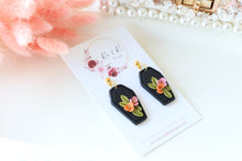 Load image into Gallery viewer, Coffin Floral Polymer Clay Earrings – Gothic Floral Halloween Earrings | Handmade Statement Jewelry | KeandKi Designs ( Pink Orange color)
