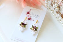 Load image into Gallery viewer, Floral Ghost Polymer Clay Earrings – Spooky Cute Halloween Earrings | Handmade Feminine Ghost Jewelry | KeandKi Designs ( White red beige Floral )
