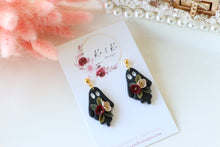 Load image into Gallery viewer, Floral Ghost Polymer Clay Earrings – Spooky Cute Halloween Earrings | Handmade Feminine Ghost Jewelry | KeandKi Designs ( Black tipped ghost Red Beige )
